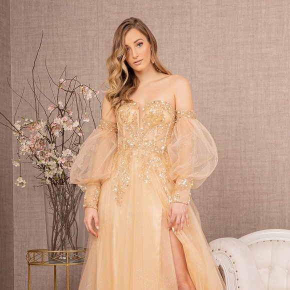 NEW OFF THE SHOULDER A-LINE EMBROIDERED SEQUINS DRESS WITH LACE UP BACK GL3118 - Picture 4 of 11